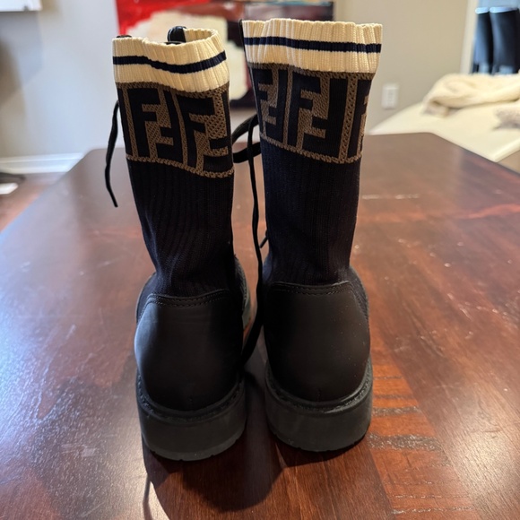 Fendi Black Leather Zucca Stretch Knit Combat Boots - Picture 3 of 4